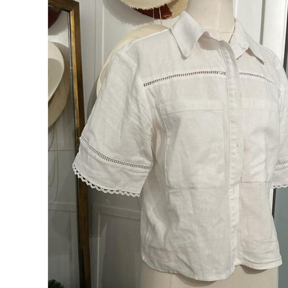 Ellen Tracy Linen Short Sleeve Button Down Blouse White XS - Picture 3 of 6